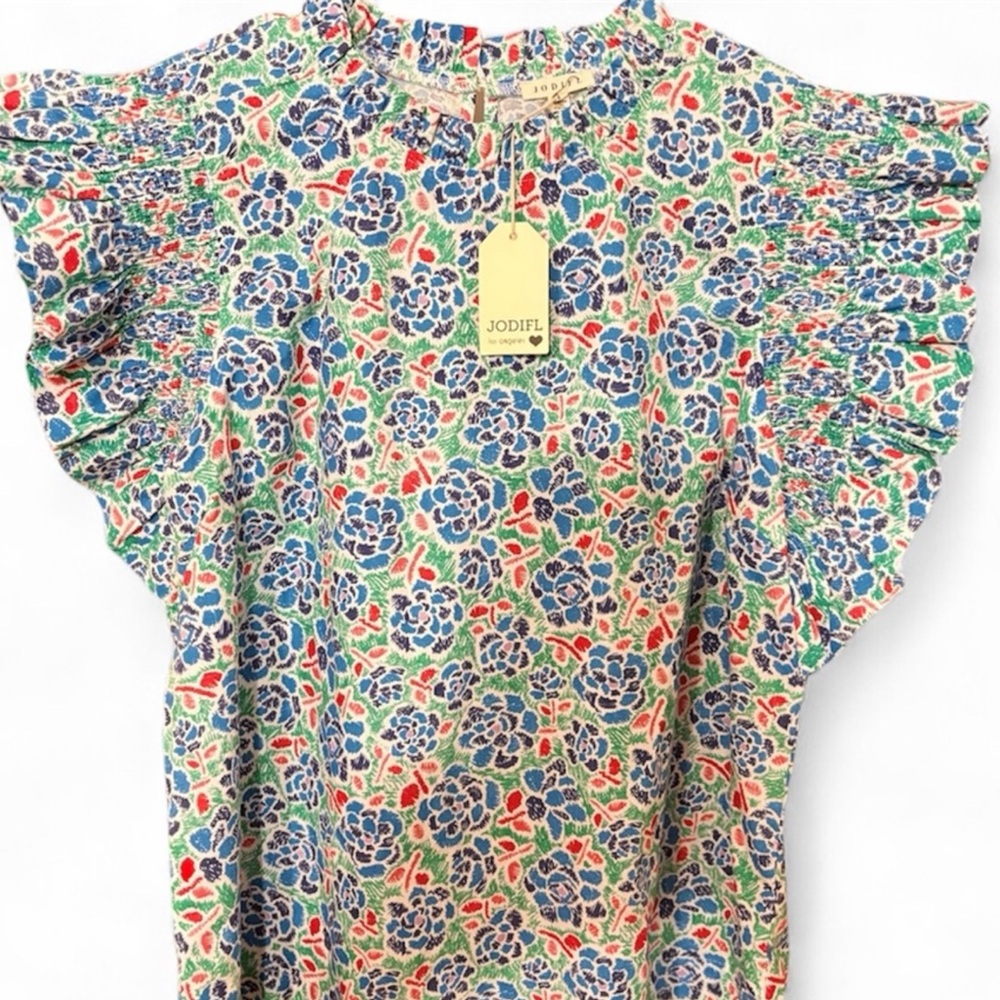 JODIFL Floral Ruffle Sleeve Blouse - Blue, Green and Red: New With Tags - Picture 2 of 4